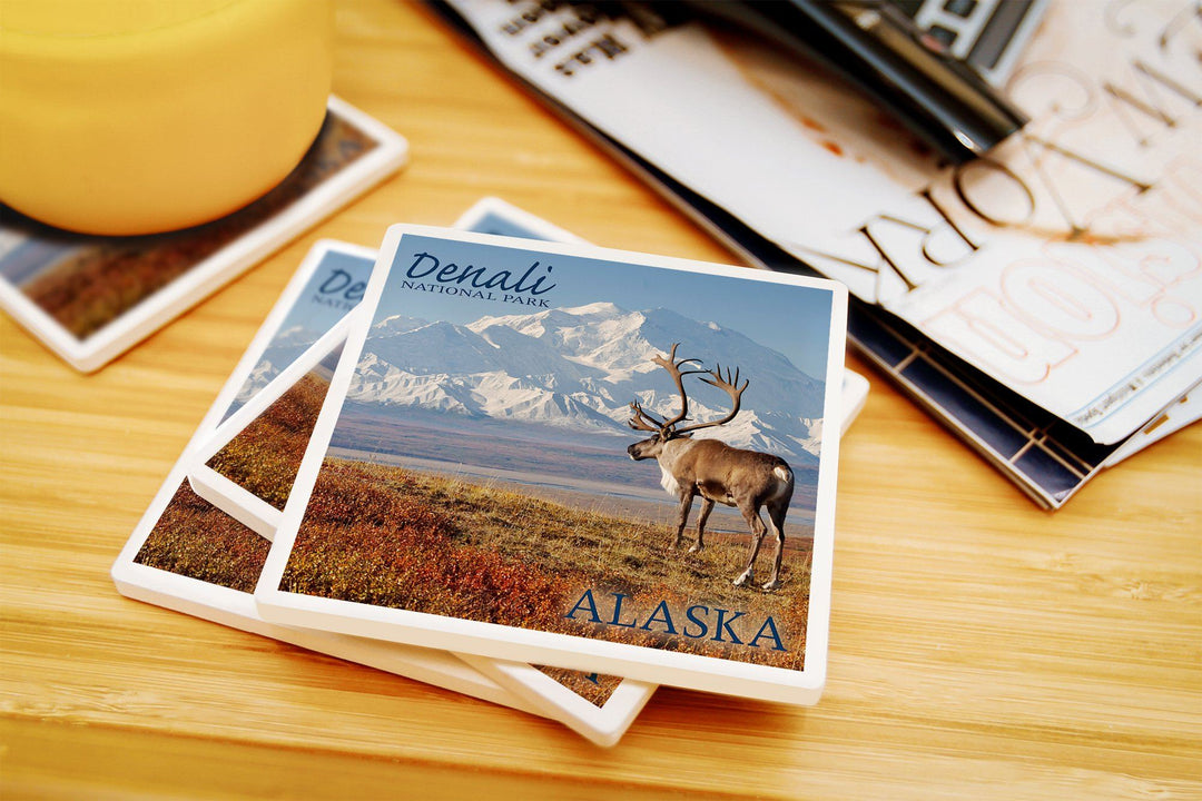 Denali National Park, Alaska, Caribou & Denali, Lantern Press Photography, Coaster Set Coasters Lantern Press 