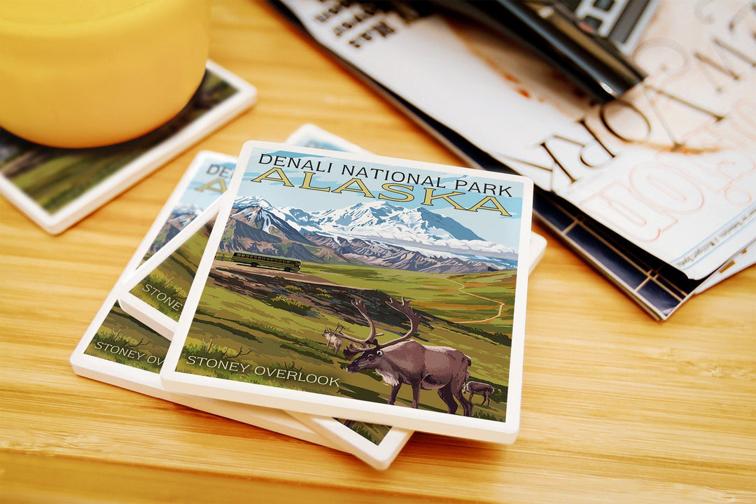 Denali National Park, Alaska, Caribou & Stoney Overlook, Lantern Press Artwork, Coaster Set Coasters Lantern Press 