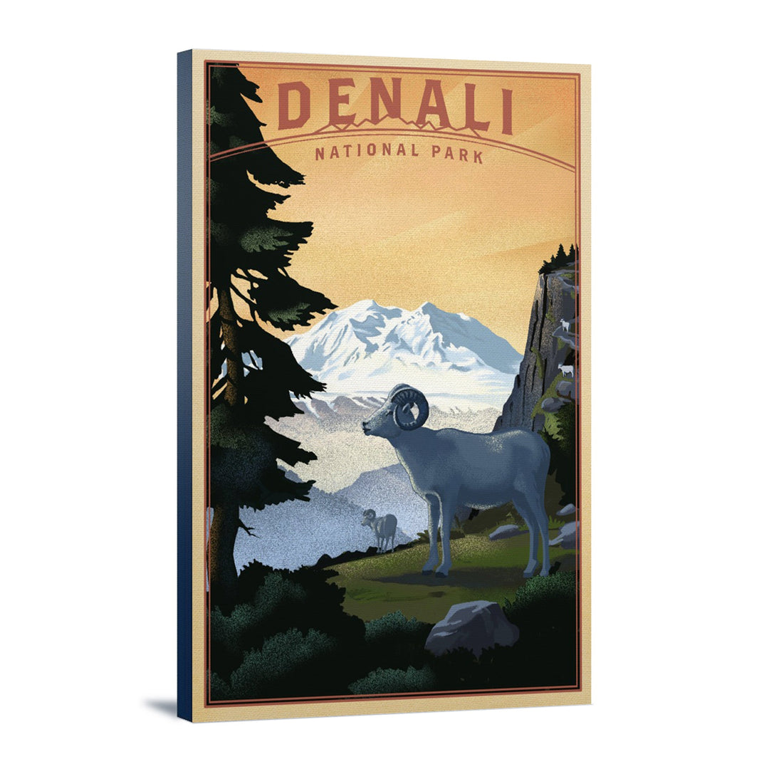 Denali National Park, Alaska, Dall Sheep & Mountain, Lithograph National Park Series, Lantern Press Artwork, Stretched Canvas Canvas Lantern Press 16x24 Stretched Canvas 