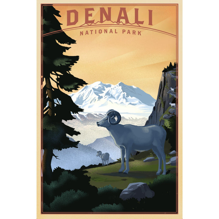 Denali National Park, Alaska, Dall Sheep & Mountain, Lithograph National Park Series, Lantern Press Artwork, Stretched Canvas Canvas Lantern Press 