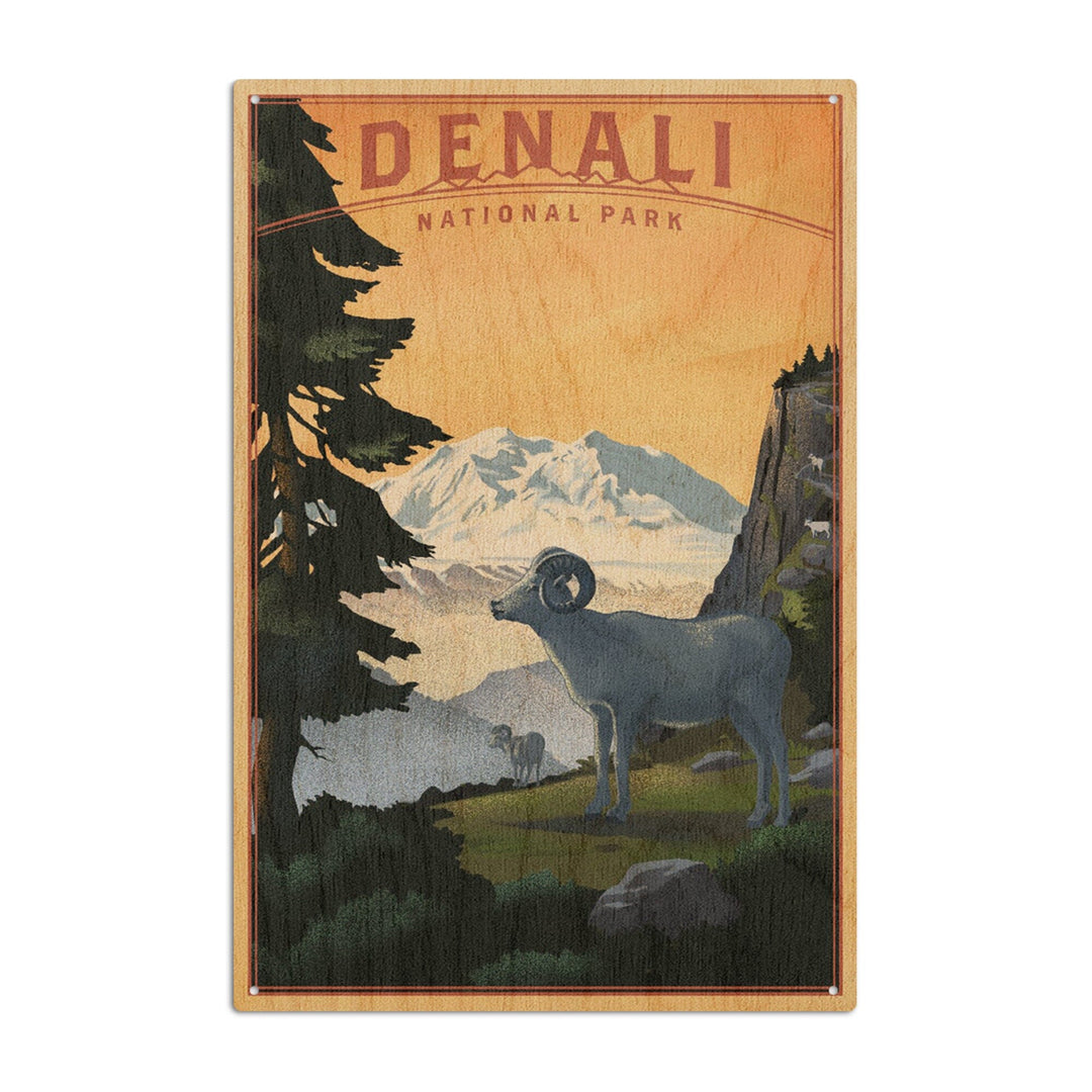 Denali National Park, Alaska, Dall Sheep & Mountain, Lithograph National Park Series, Lantern Press Artwork, Wood Signs and Postcards Wood Lantern Press 10 x 15 Wood Sign 