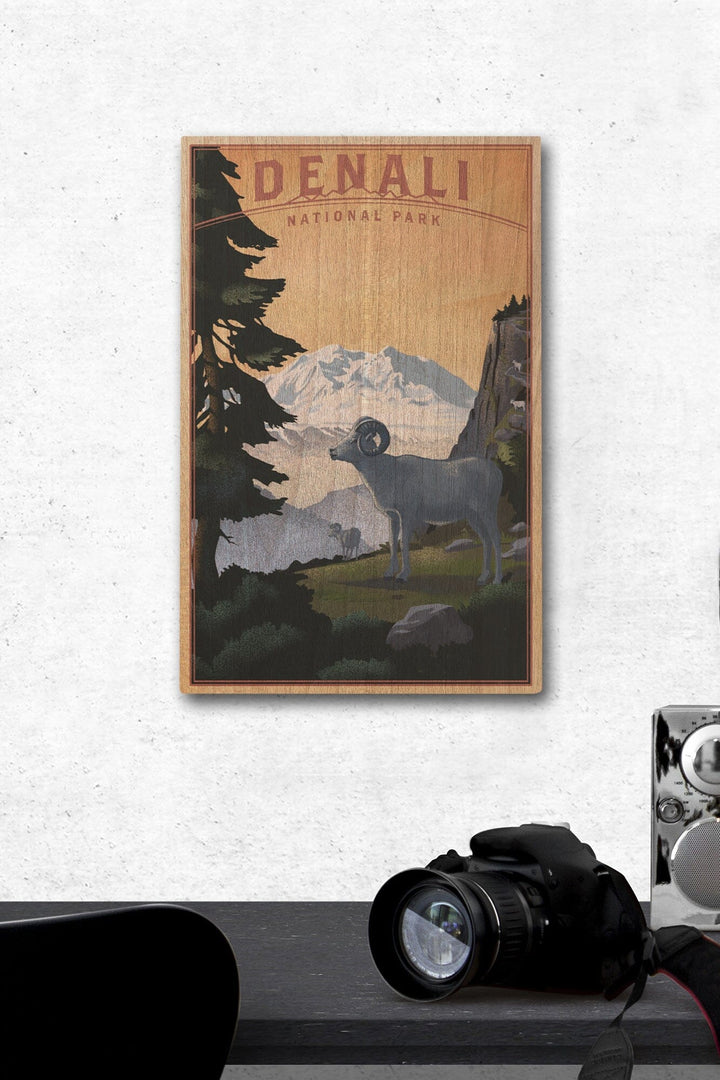 Denali National Park, Alaska, Dall Sheep & Mountain, Lithograph National Park Series, Lantern Press Artwork, Wood Signs and Postcards Wood Lantern Press 12 x 18 Wood Gallery Print 