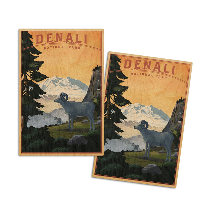 Denali National Park, Alaska, Dall Sheep & Mountain, Lithograph National Park Series, Lantern Press Artwork, Wood Signs and Postcards Wood Lantern Press 4x6 Wood Postcard Set 