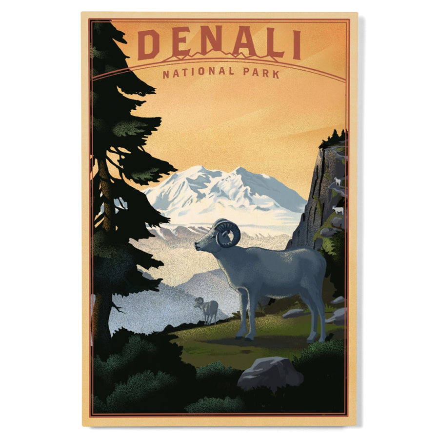 Denali National Park, Alaska, Dall Sheep & Mountain, Lithograph National Park Series, Lantern Press Artwork, Wood Signs and Postcards Wood Lantern Press 