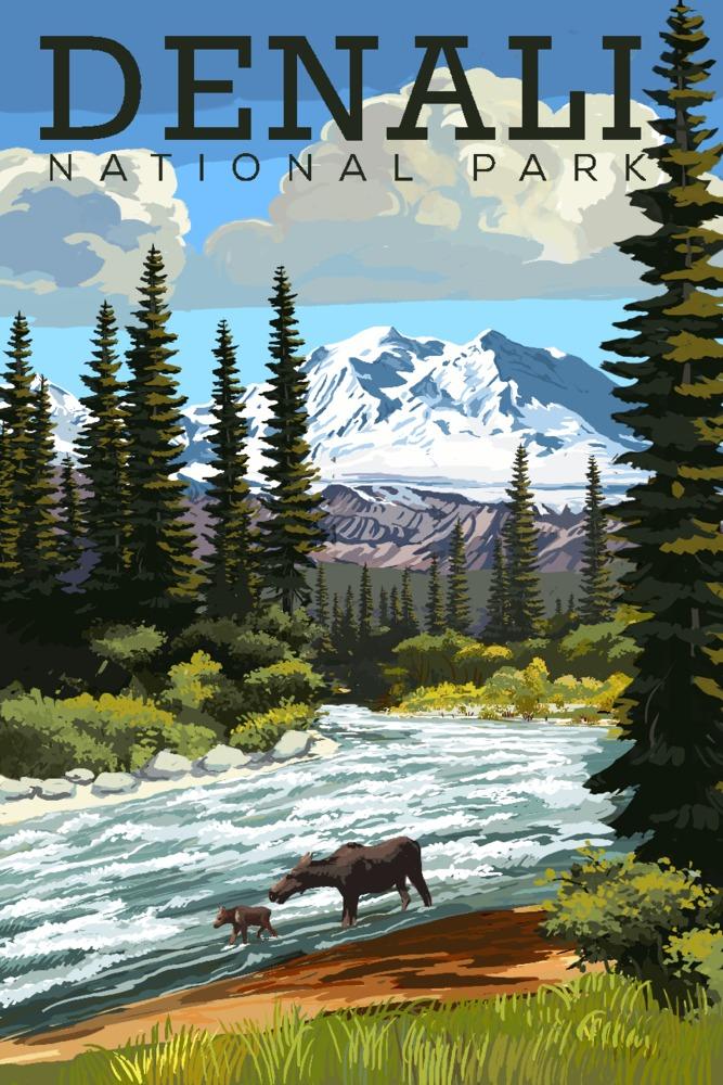 Denali National Park, Alaska, Moose and River Rapids, Lantern Press Artwork, Art Prints and Metal Signs Art Lantern Press 12 x 18 Art Print 