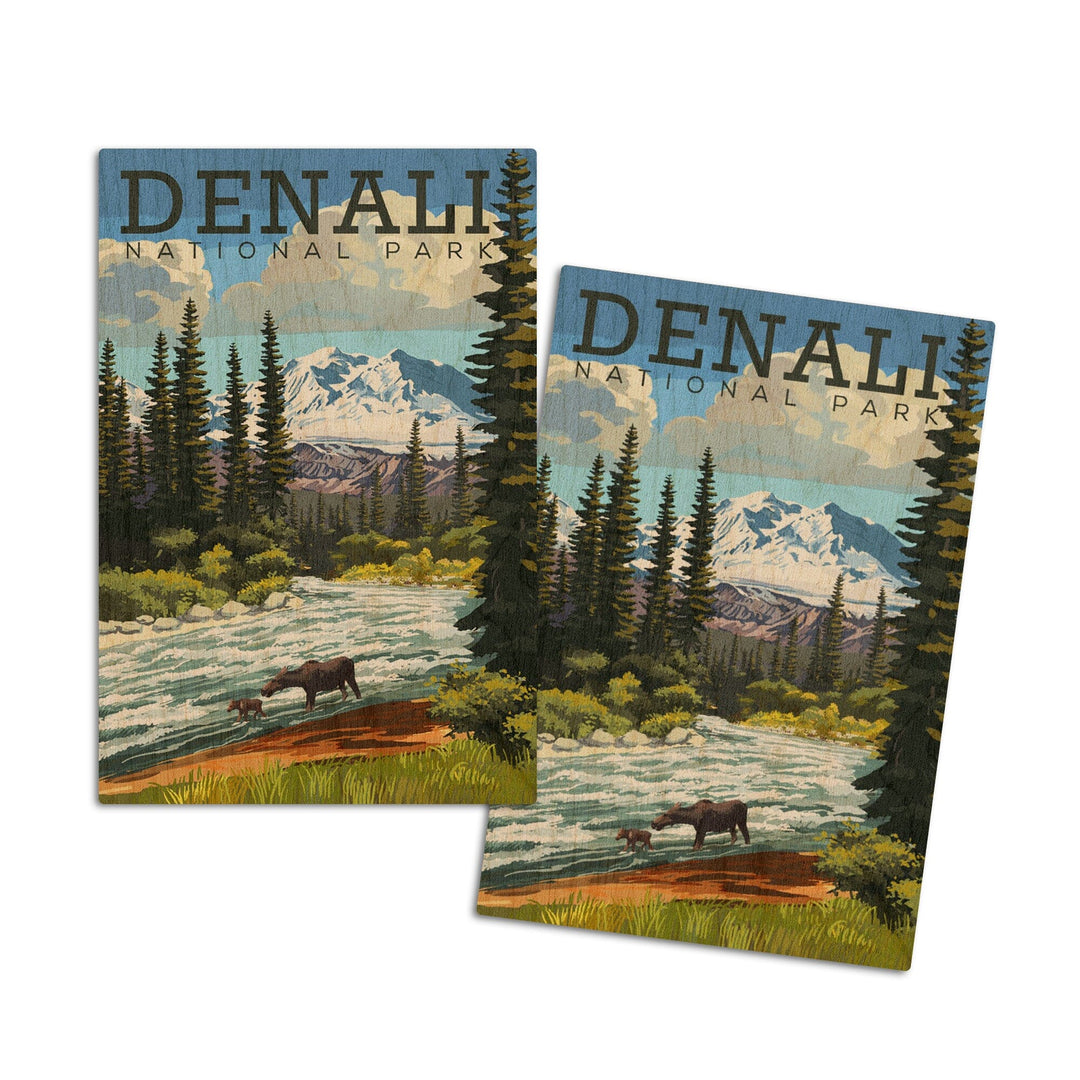 Denali National Park, Alaska, Moose and River Rapids, Lantern Press Artwork, Wood Signs and Postcards Wood Lantern Press 4x6 Wood Postcard Set 