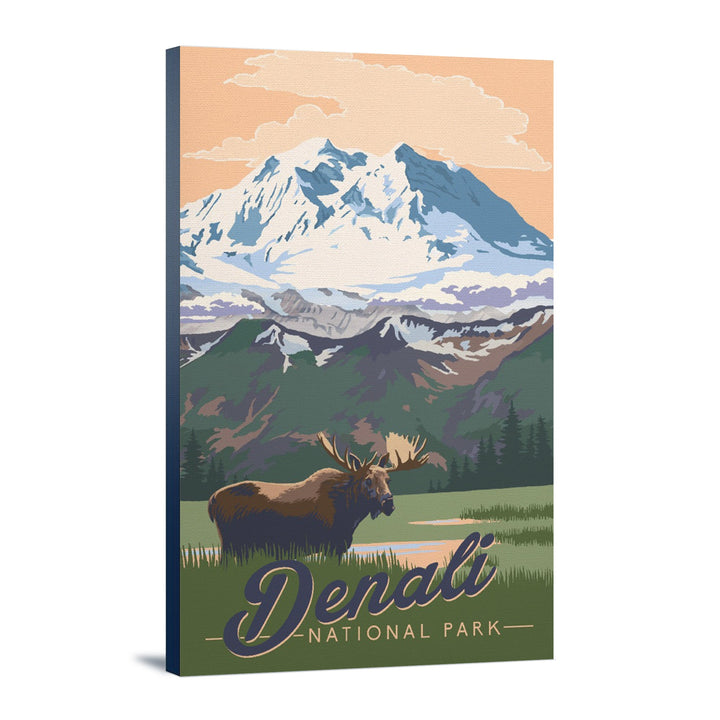 Denali National Park, Alaska, Moose & Mountains, Lantern Press Artwork, Stretched Canvas Canvas Lantern Press 16x24 Stretched Canvas 