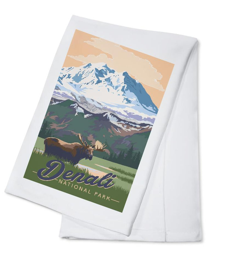 Denali National Park, Alaska, Moose & Mountains, Lantern Press Artwork, Towels and Aprons Kitchen Lantern Press Cotton Towel 