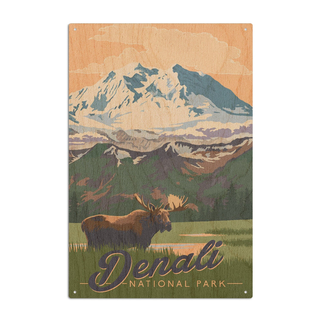 Denali National Park, Alaska, Moose & Mountains, Lantern Press Artwork, Wood Signs and Postcards Wood Lantern Press 10 x 15 Wood Sign 