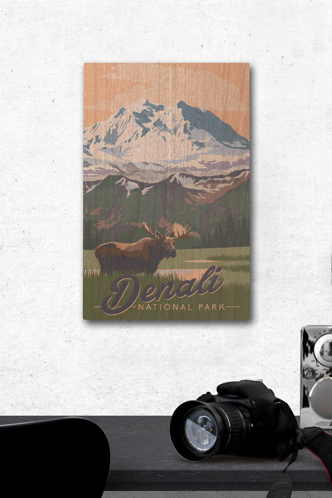 Denali National Park, Alaska, Moose & Mountains, Lantern Press Artwork, Wood Signs and Postcards Wood Lantern Press 12 x 18 Wood Gallery Print 