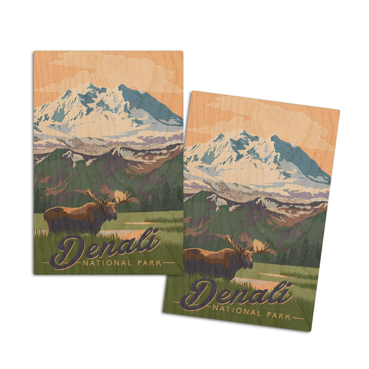 Denali National Park, Alaska, Moose & Mountains, Lantern Press Artwork, Wood Signs and Postcards Wood Lantern Press 4x6 Wood Postcard Set 
