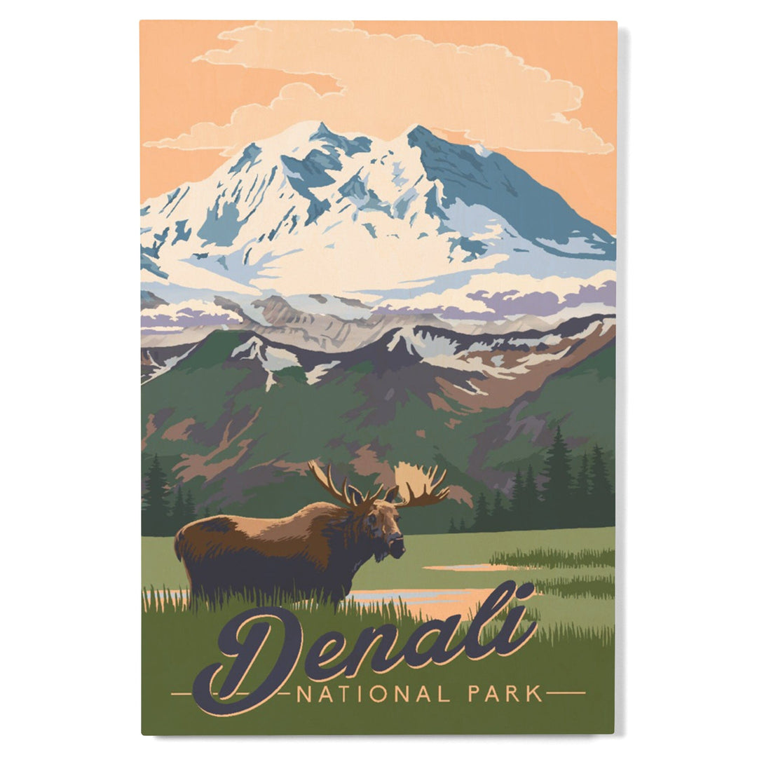 Denali National Park, Alaska, Moose & Mountains, Lantern Press Artwork, Wood Signs and Postcards Wood Lantern Press 