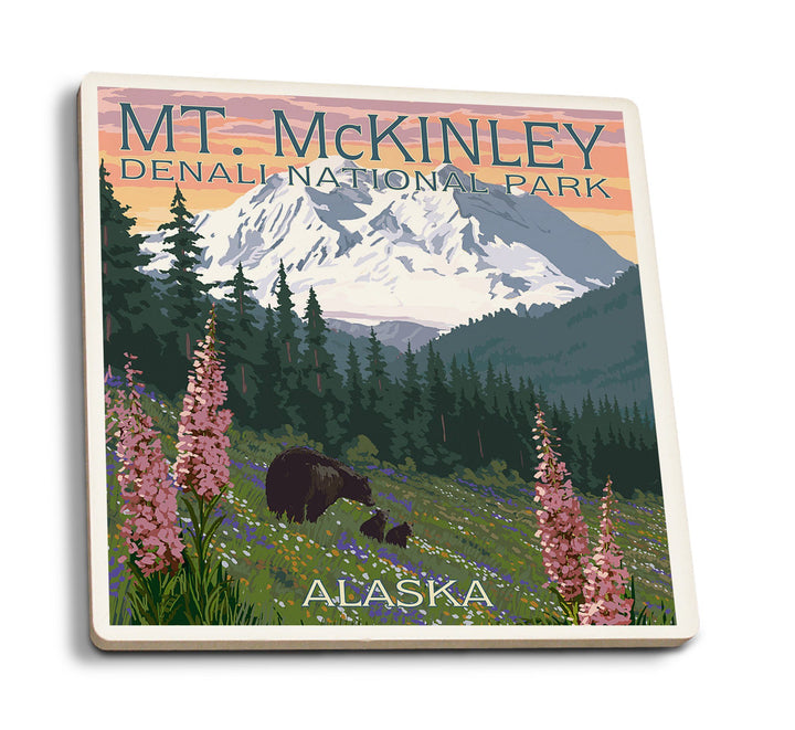 Denali National Park, Alaska, Mount McKinley, Bear and Cubs with Flowers, Lantern Press Artwork, Coaster Set Coasters Lantern Press 