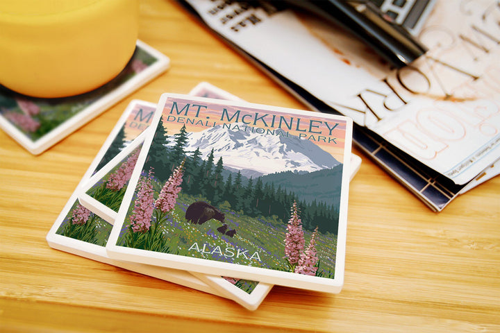 Denali National Park, Alaska, Mount McKinley, Bear and Cubs with Flowers, Lantern Press Artwork, Coaster Set Coasters Lantern Press 