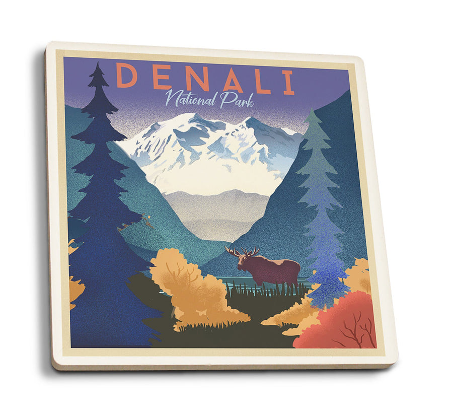 Denali National Park, Alaska, Mountain Scene, Lithograph, Lantern Press Artwork, Coaster Set Coasters Lantern Press 