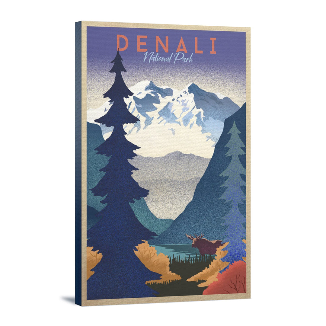 Denali National Park, Alaska, Mountain Scene, Lithograph, Lantern Press Artwork, Stretched Canvas Canvas Lantern Press 12x18 Stretched Canvas 