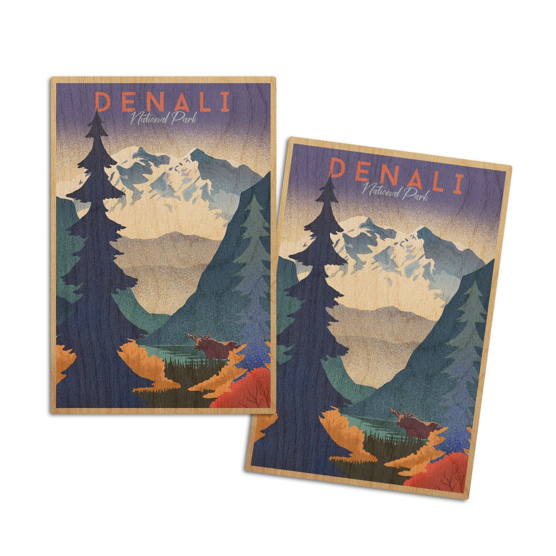Denali National Park, Alaska, Mountain Scene, Lithograph, Lantern Press Artwork, Wood Signs and Postcards Wood Lantern Press 4x6 Wood Postcard Set 