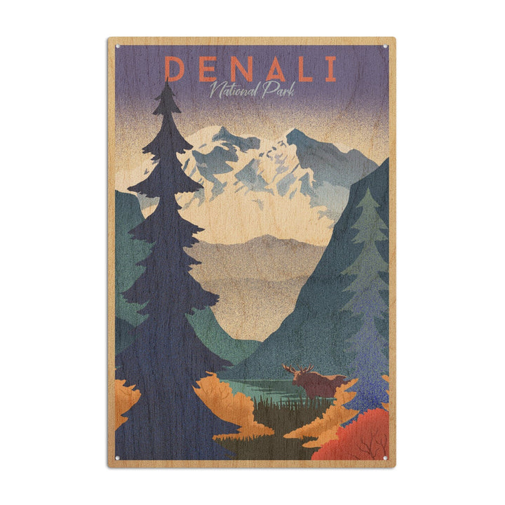 Denali National Park, Alaska, Mountain Scene, Lithograph, Lantern Press Artwork, Wood Signs and Postcards Wood Lantern Press 6x9 Wood Sign 