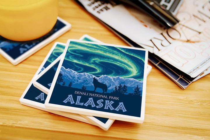 Denali National Park, Alaska, Northern Lights, Lantern Press Artwork, Coaster Set Coasters Lantern Press 