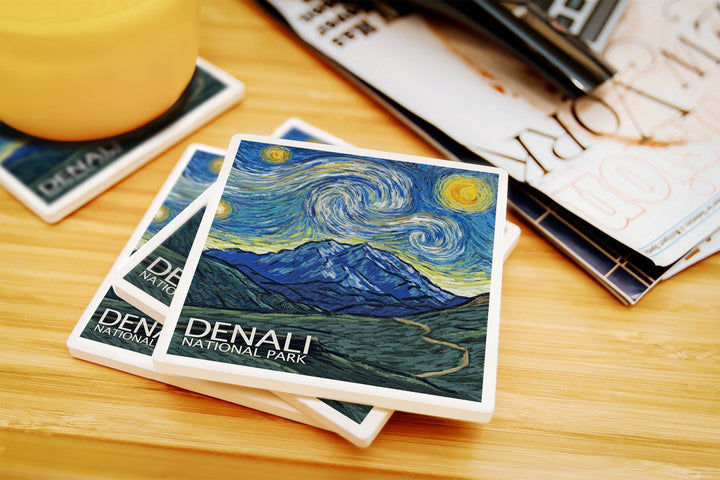 Denali National Park, Alaska, Starry Night National Park Series, Lantern Press Artwork, Coaster Set Coasters Lantern Press 