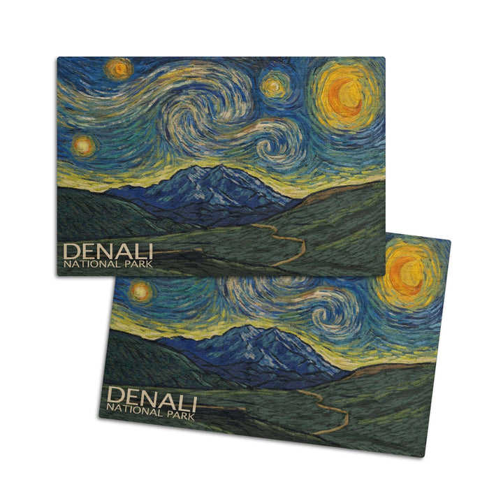 Denali National Park, Alaska, Starry Night National Park Series, Lantern Press Artwork, Wood Signs and Postcards Wood Lantern Press 4x6 Wood Postcard Set 