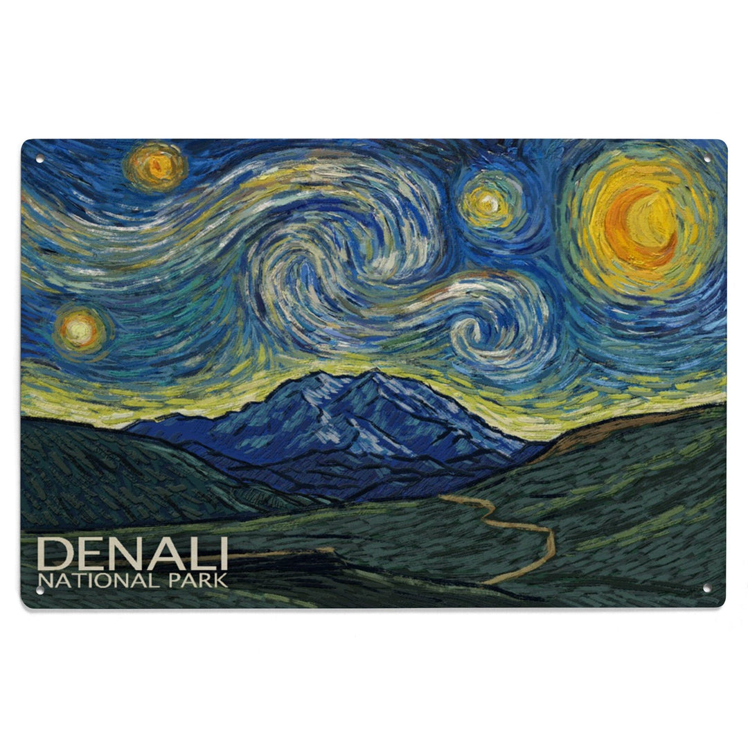 Denali National Park, Alaska, Starry Night National Park Series, Lantern Press Artwork, Wood Signs and Postcards Wood Lantern Press 