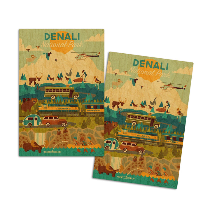 Denali National Park, Geometric National Park Series, Lantern Press Artwork, Wood Signs and Postcards Wood Lantern Press 4x6 Wood Postcard Set 