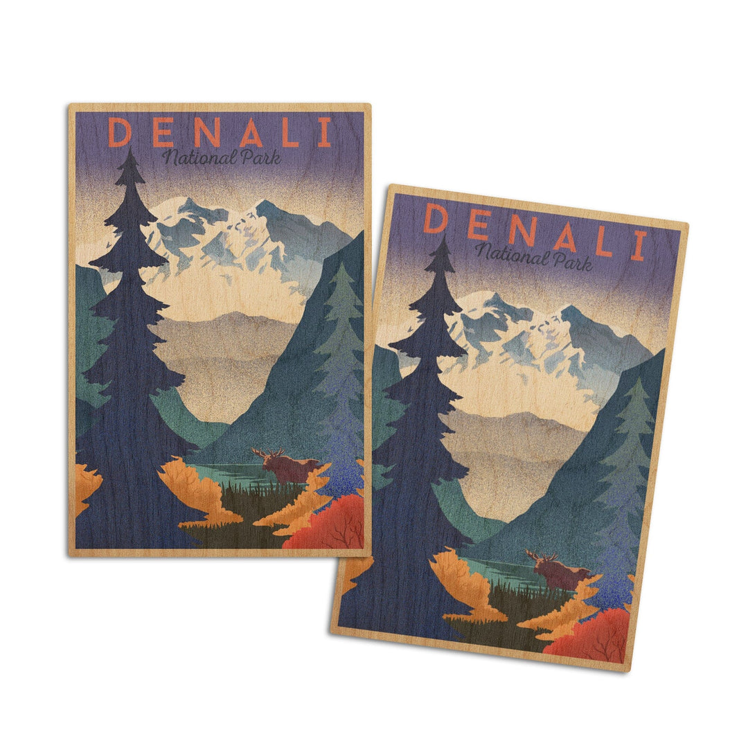 Denali National Park, Mountain Scene, Lithograph, Lantern Press Artwork, Wood Signs and Postcards Wood Lantern Press 4x6 Wood Postcard Set 
