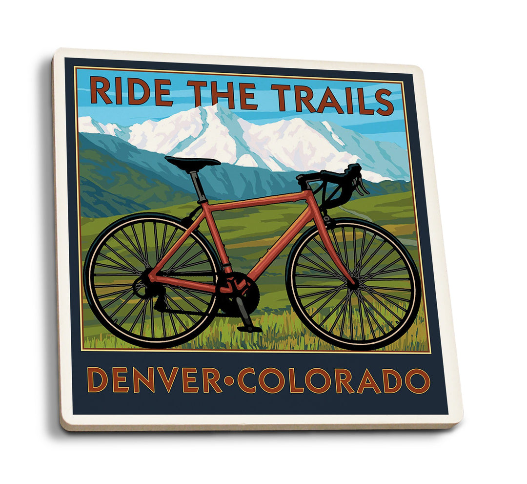 Denver, Colorado, Mountain Bike Scene, Lantern Press Artwork, Coaster Set Coasters Lantern Press 