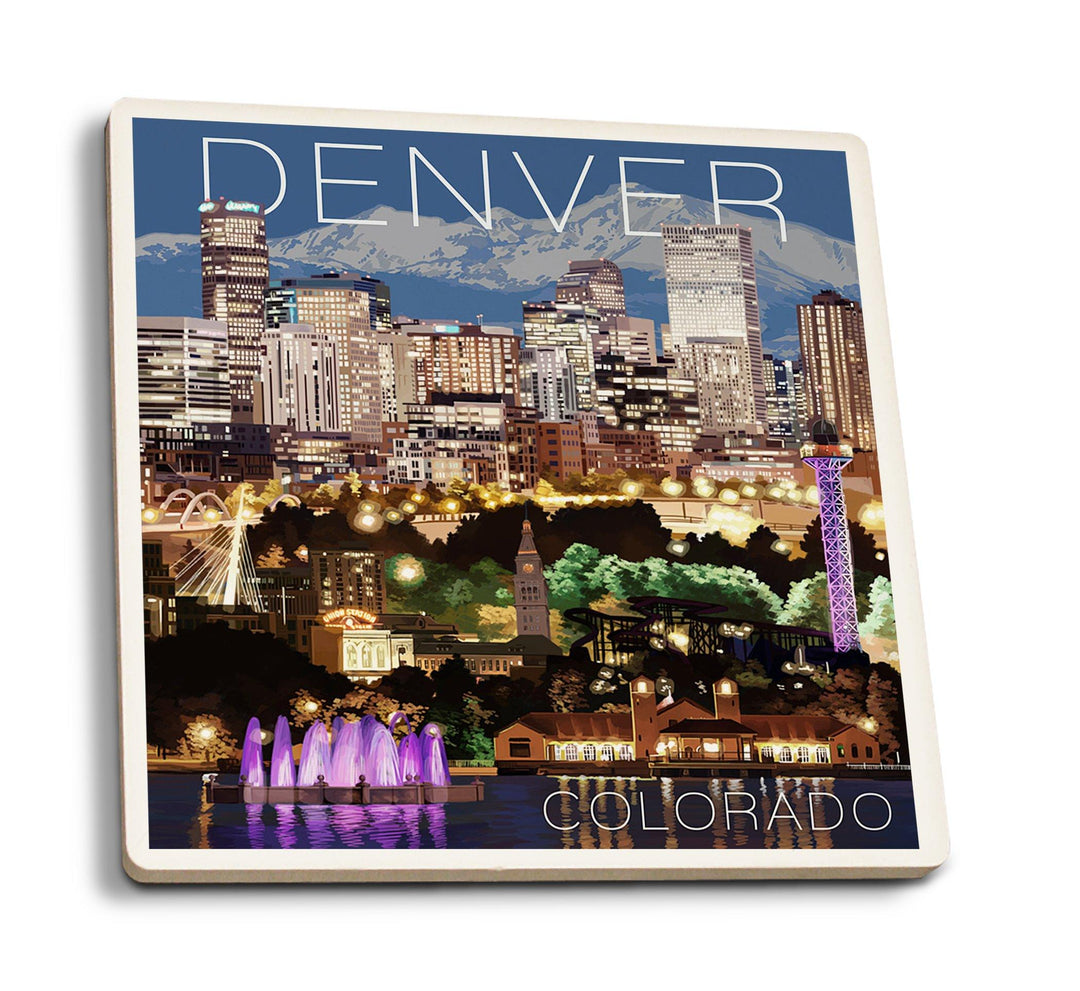 Denver, Colorado, Skyline at Night, Lantern Press Artwork, Coaster Set Coasters Lantern Press 