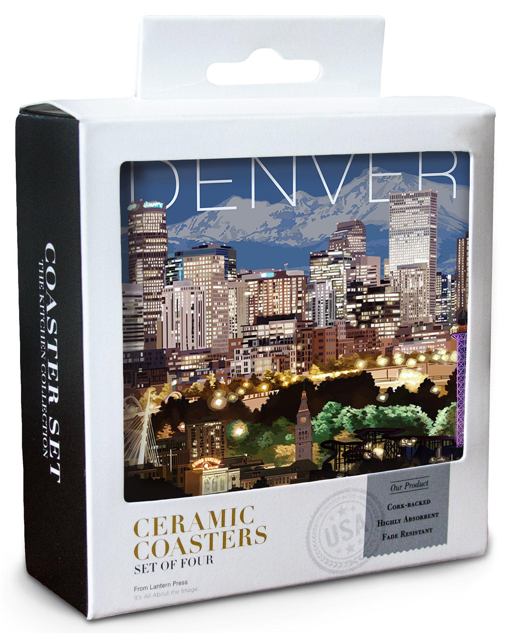 Denver, Colorado, Skyline at Night, Lantern Press Artwork, Coaster Set Coasters Lantern Press 