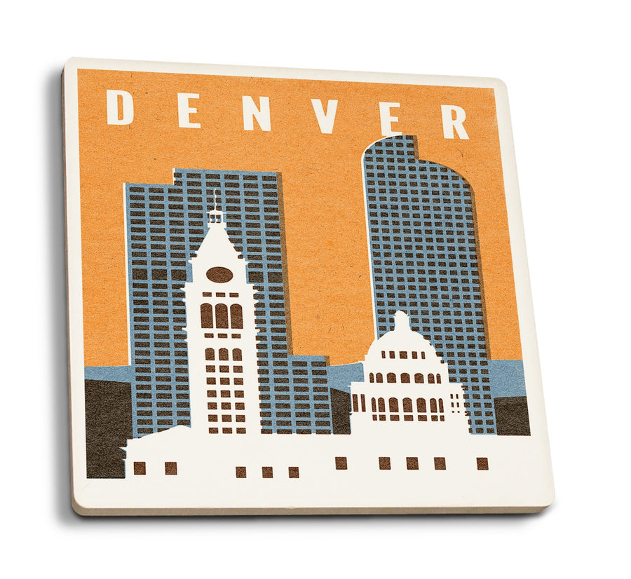 Denver, Colorado, Woodblock, Lantern Press Artwork, Coaster Set Coasters Lantern Press 