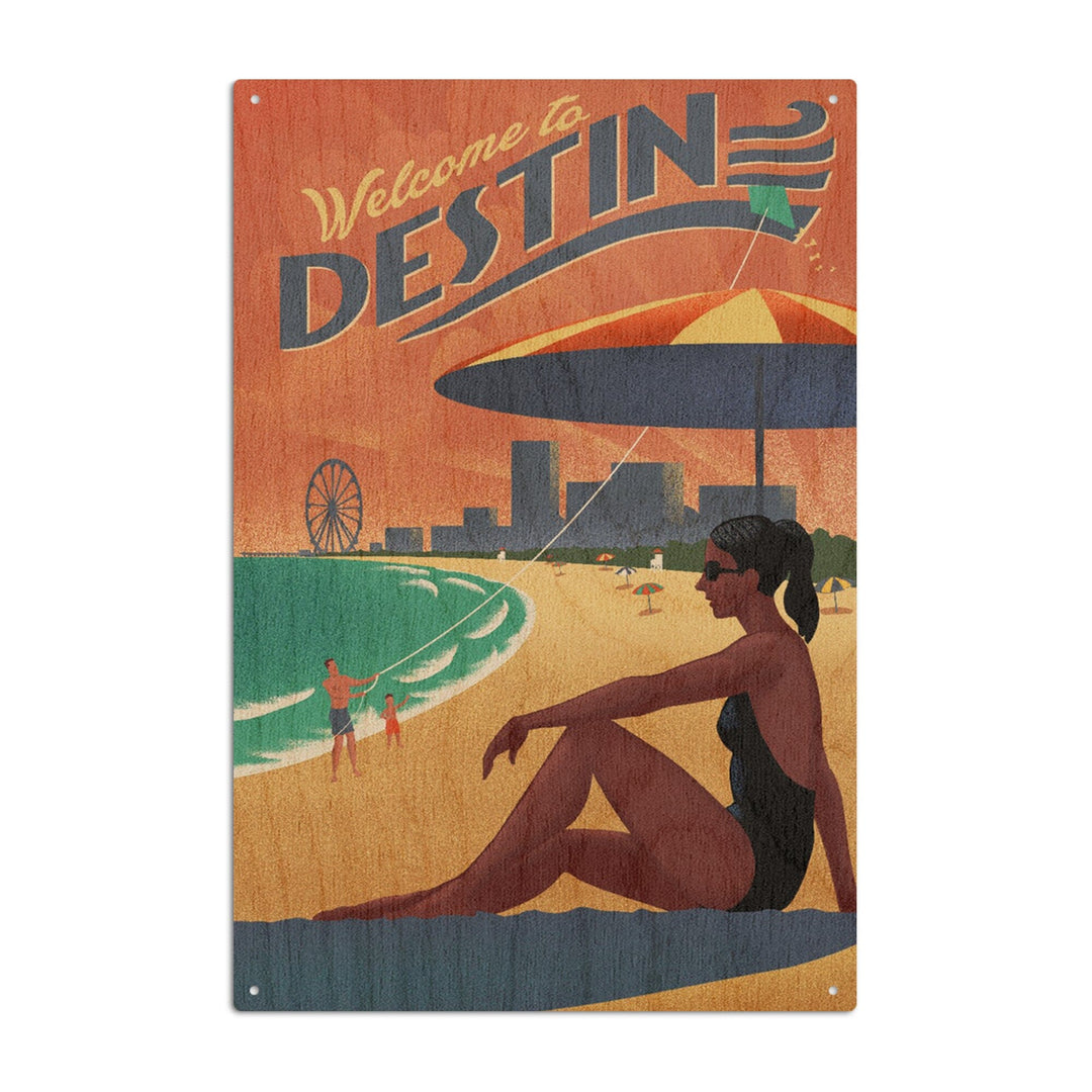 Destin, Florida, Beach Scene, Litho, Lantern Press Artwork, Wood Signs and Postcards Wood Lantern Press 6x9 Wood Sign 