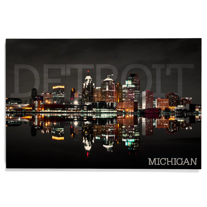 Detroit, Michigan, City at Night, Lantern Press Photography, Wood Signs and Postcards Wood Lantern Press 