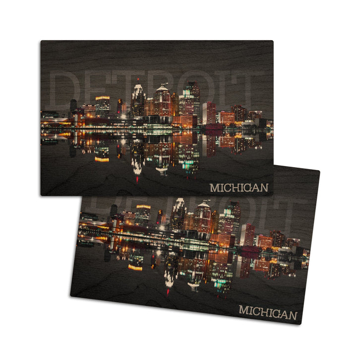 Detroit, Michigan, City at Night, Lantern Press Photography, Wood Signs and Postcards Wood Lantern Press 4x6 Wood Postcard Set 