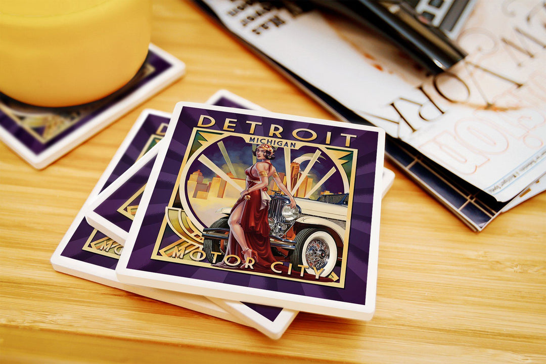 Detroit, Michigan, Deco Woman & Car, Lantern Press Artwork, Coaster Set Coasters Lantern Press 