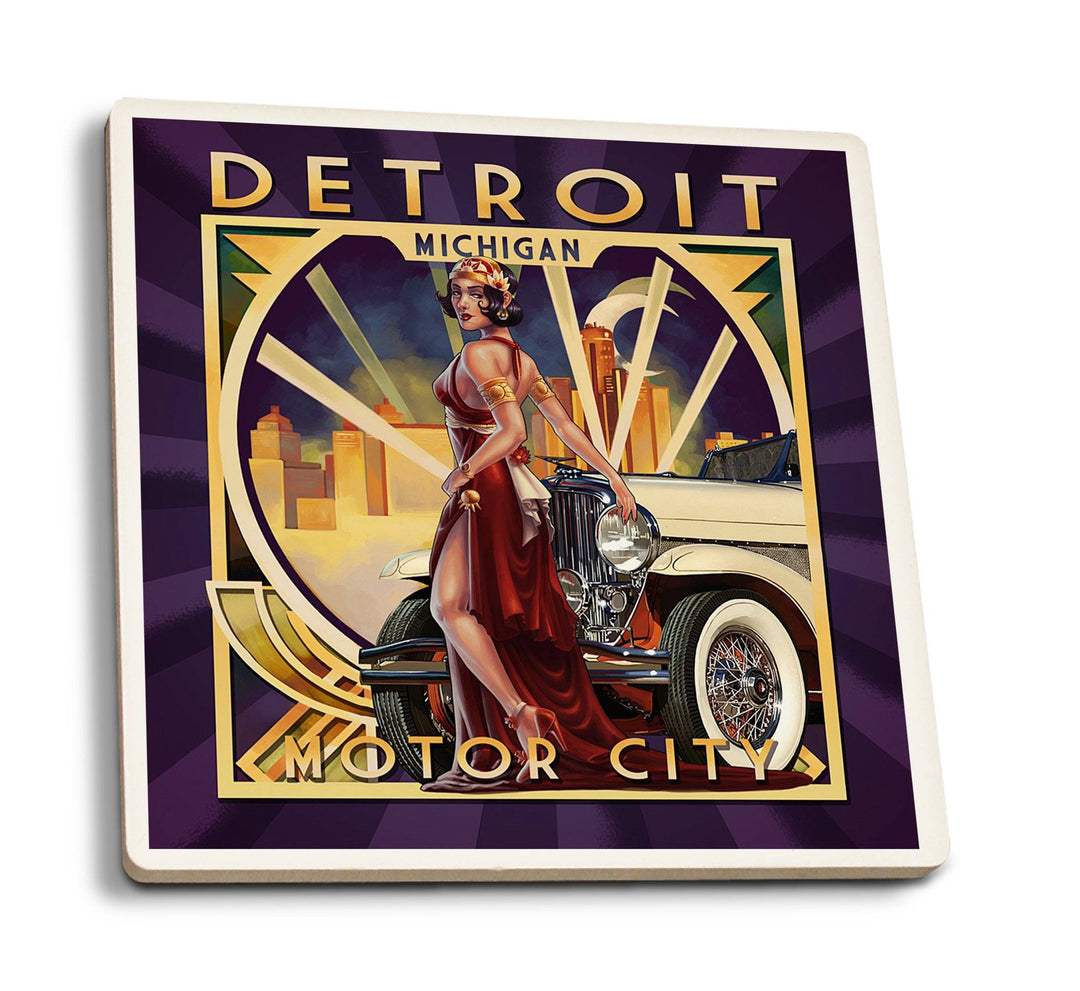 Detroit, Michigan, Deco Woman & Car, Lantern Press Artwork, Coaster Set Coasters Lantern Press 