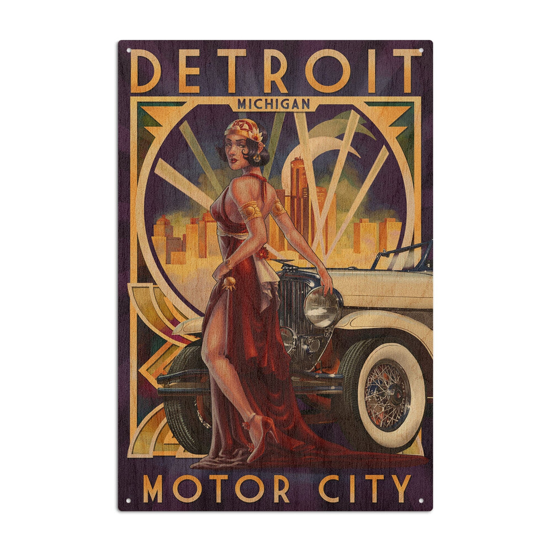 Detroit, Michigan, Deco Woman & Car, Lantern Press Artwork, Wood Signs and Postcards Wood Lantern Press 10 x 15 Wood Sign 