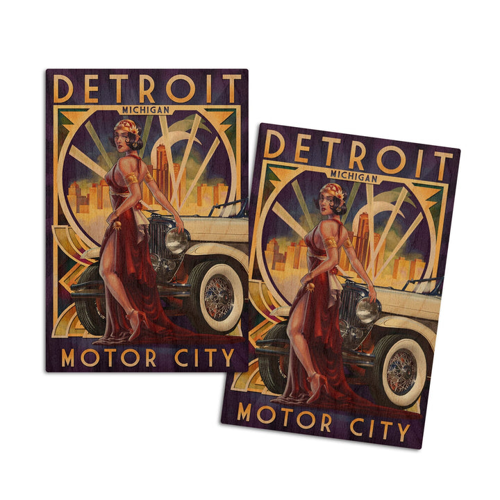 Detroit, Michigan, Deco Woman & Car, Lantern Press Artwork, Wood Signs and Postcards Wood Lantern Press 4x6 Wood Postcard Set 