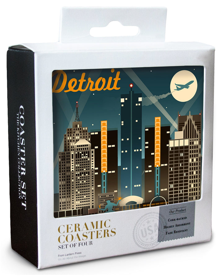 Detroit, Michigan, Retro Skyline, Lantern Press Artwork, Coaster Set Coasters Lantern Press 