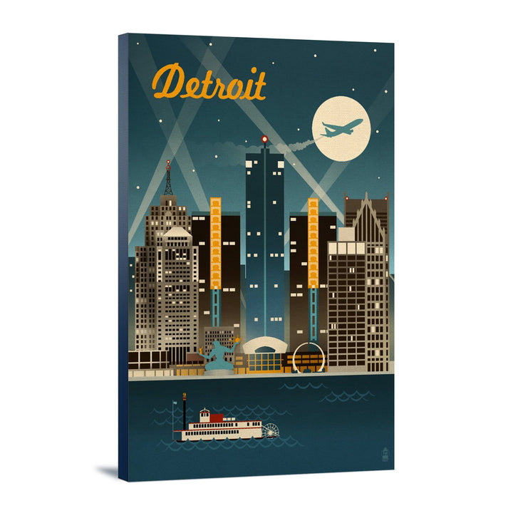 Detroit, Michigan, Retro Skyline, Lantern Press Artwork, Stretched Canvas Canvas Lantern Press 12x18 Stretched Canvas 