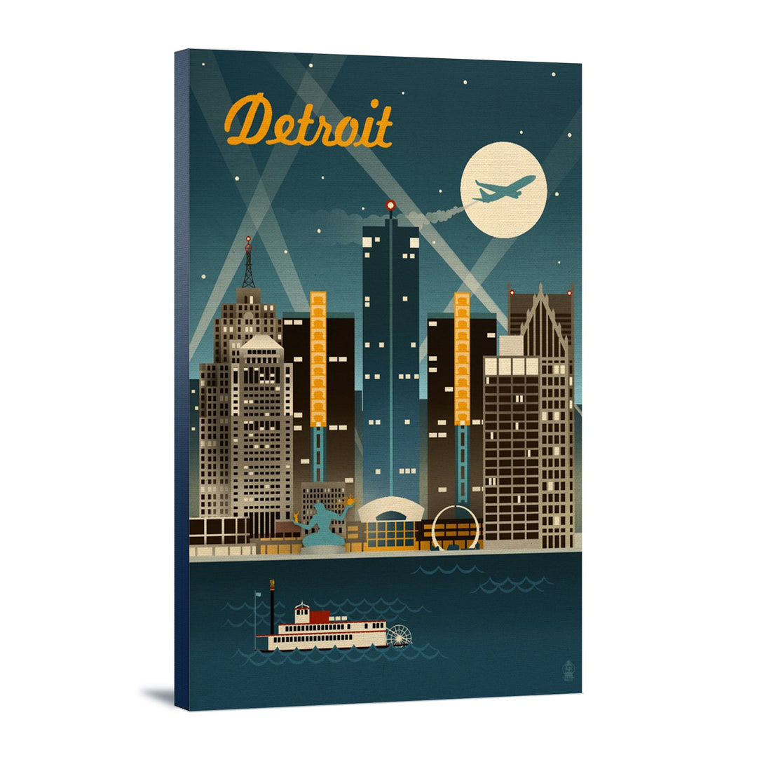 Detroit, Michigan, Retro Skyline, Lantern Press Artwork, Stretched Canvas Canvas Lantern Press 24x36 Stretched Canvas 