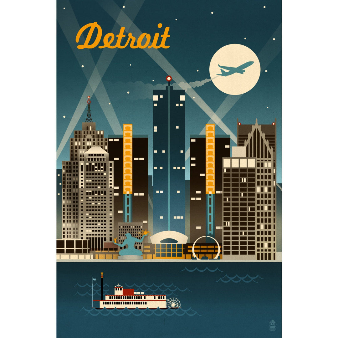 Detroit, Michigan, Retro Skyline, Lantern Press Artwork, Stretched Canvas Canvas Lantern Press 