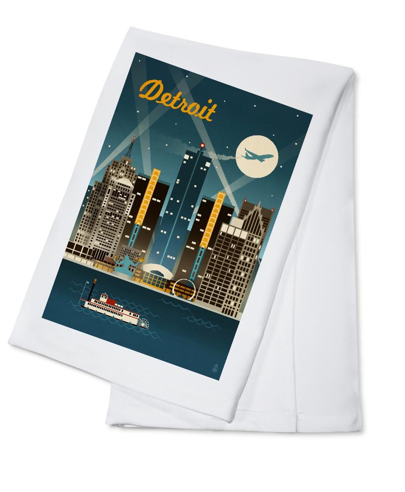 Detroit, Michigan, Retro Skyline, Lantern Press Artwork, Towels and Aprons Kitchen Lantern Press Cotton Towel 
