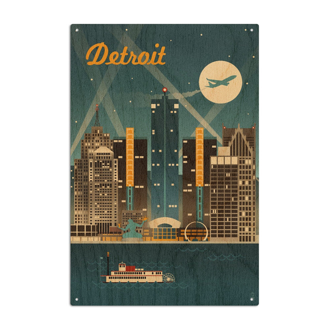 Detroit, Michigan, Retro Skyline, Lantern Press Artwork, Wood Signs and Postcards Wood Lantern Press 10 x 15 Wood Sign 