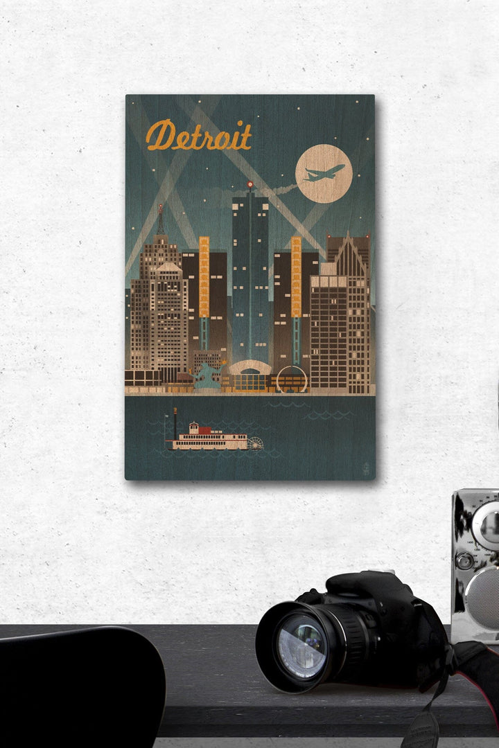 Detroit, Michigan, Retro Skyline, Lantern Press Artwork, Wood Signs and Postcards Wood Lantern Press 12 x 18 Wood Gallery Print 