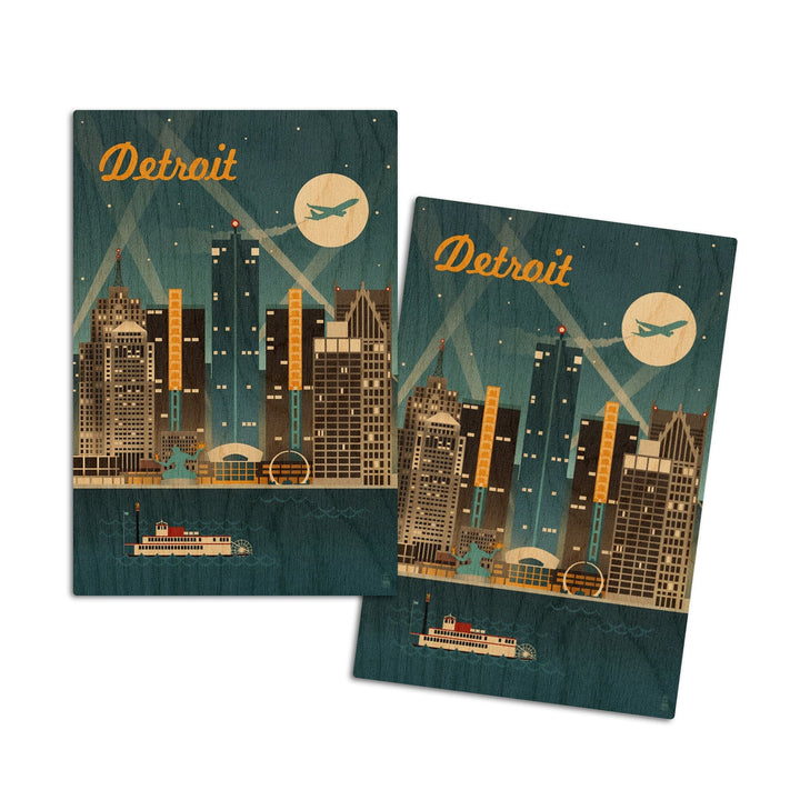 Detroit, Michigan, Retro Skyline, Lantern Press Artwork, Wood Signs and Postcards Wood Lantern Press 4x6 Wood Postcard Set 