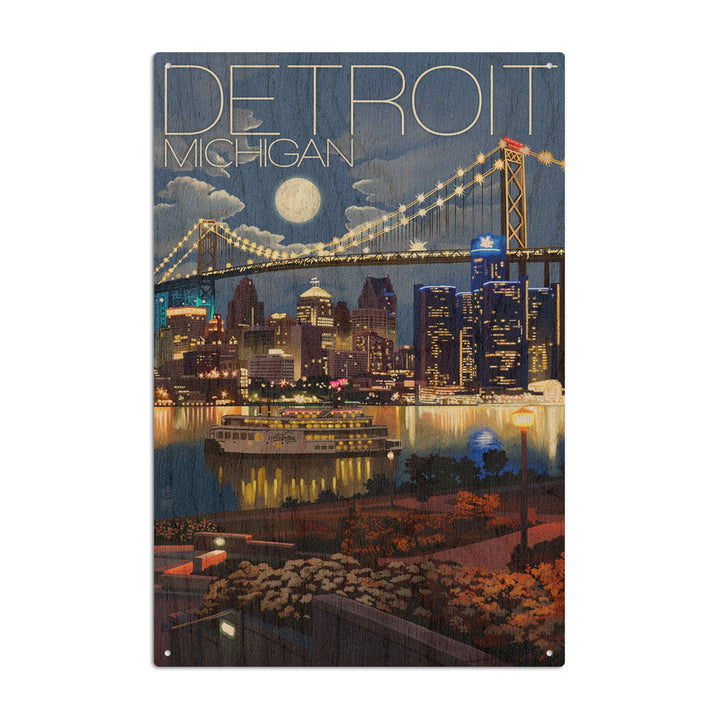 Detroit, Michigan, Skyline at Night, Lantern Press Artwork, Wood Signs and Postcards Wood Lantern Press 10 x 15 Wood Sign 