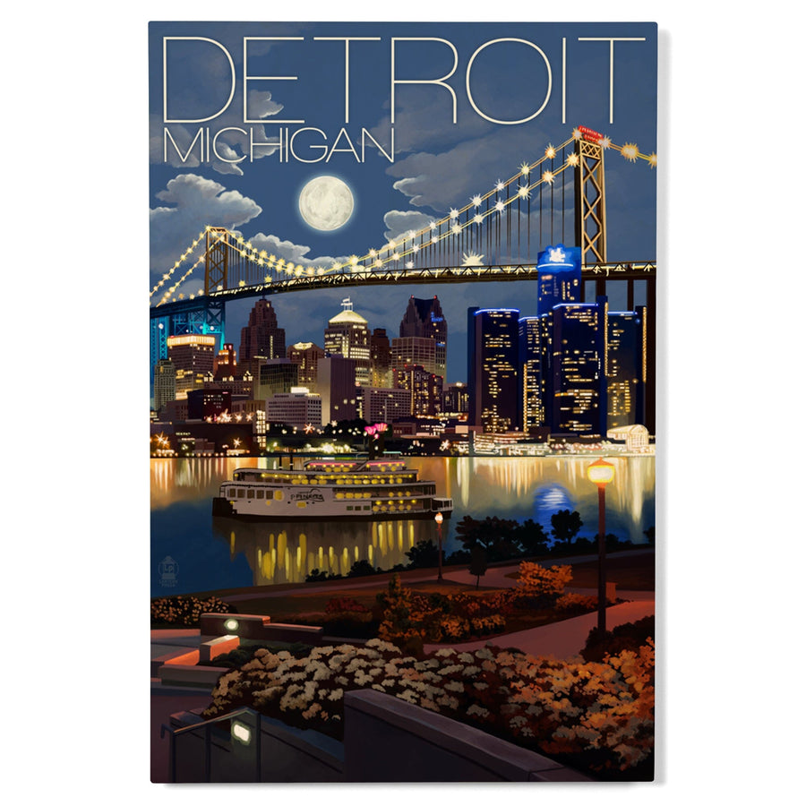 Detroit, Michigan, Skyline at Night, Lantern Press Artwork, Wood Signs and Postcards Wood Lantern Press 