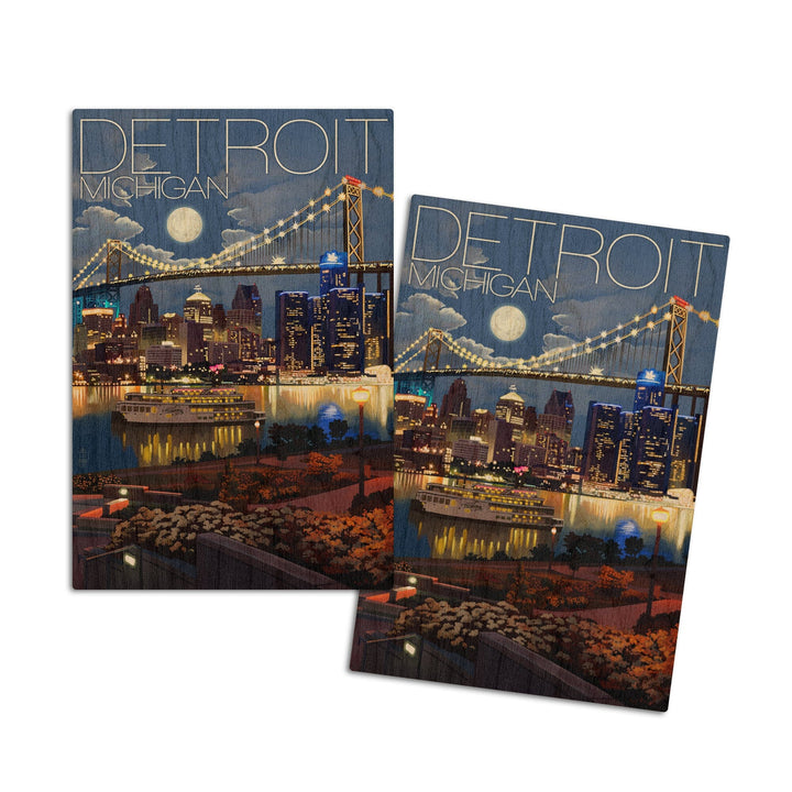 Detroit, Michigan, Skyline at Night, Lantern Press Artwork, Wood Signs and Postcards Wood Lantern Press 4x6 Wood Postcard Set 